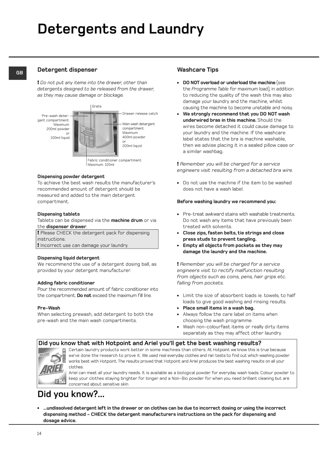 Hotpoint Ultima LCD manual Detergents and Laundry, Detergent dispenser, Washcare Tips 