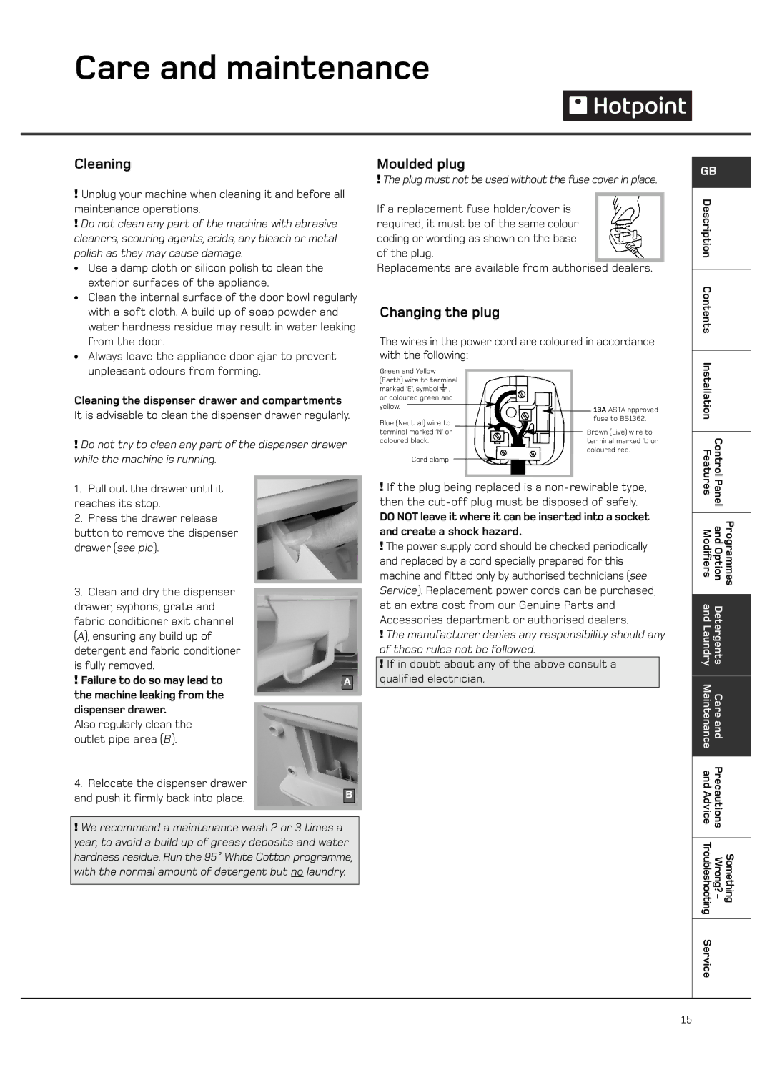 Hotpoint Ultima LCD manual Care and maintenance, Cleaning, Moulded plug, Changing the plug 