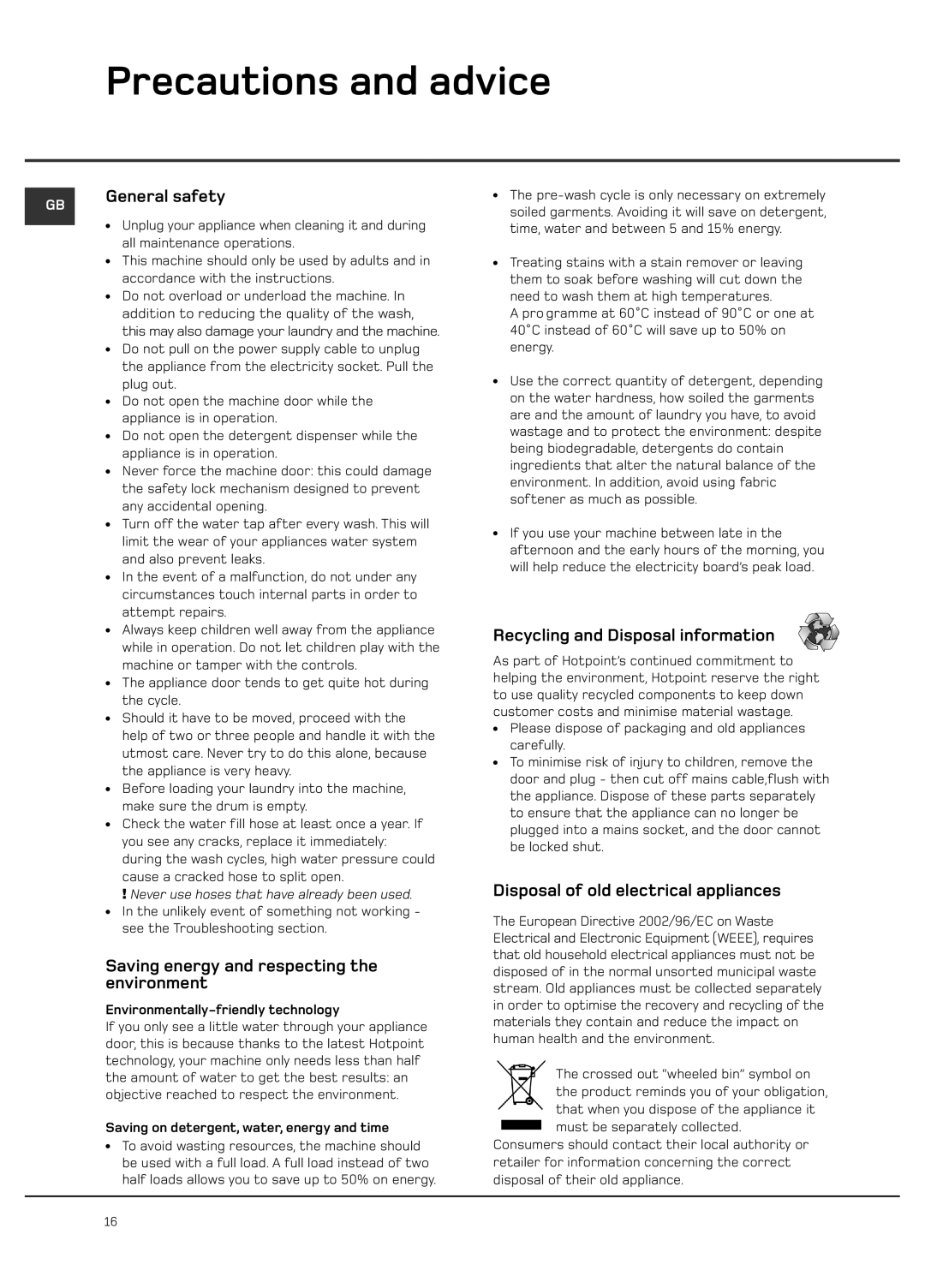 Hotpoint Ultima LCD manual Precautions and advice, General safety, Saving energy and respecting the environment 