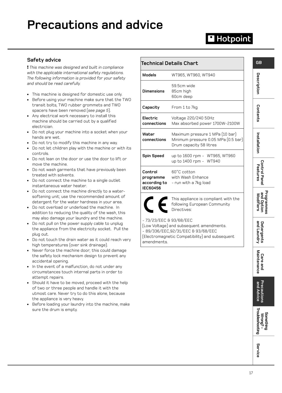 Hotpoint Ultima LCD manual Safety advice, Technical Details Chart 