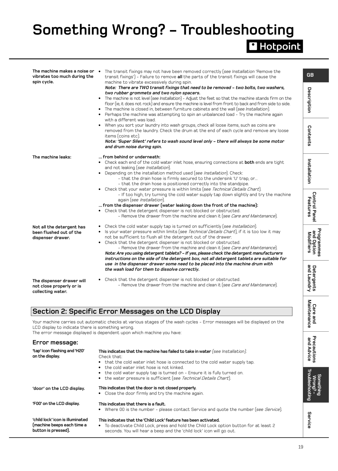 Hotpoint Ultima LCD manual Error message, Contents 