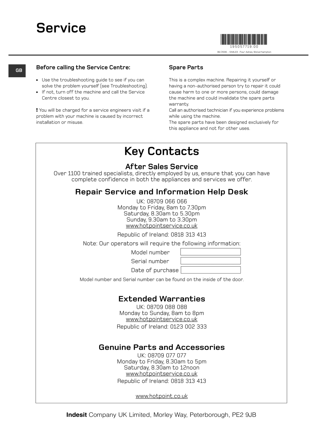 Hotpoint Ultima LCD manual Before calling the Service Centre, Spare Parts 