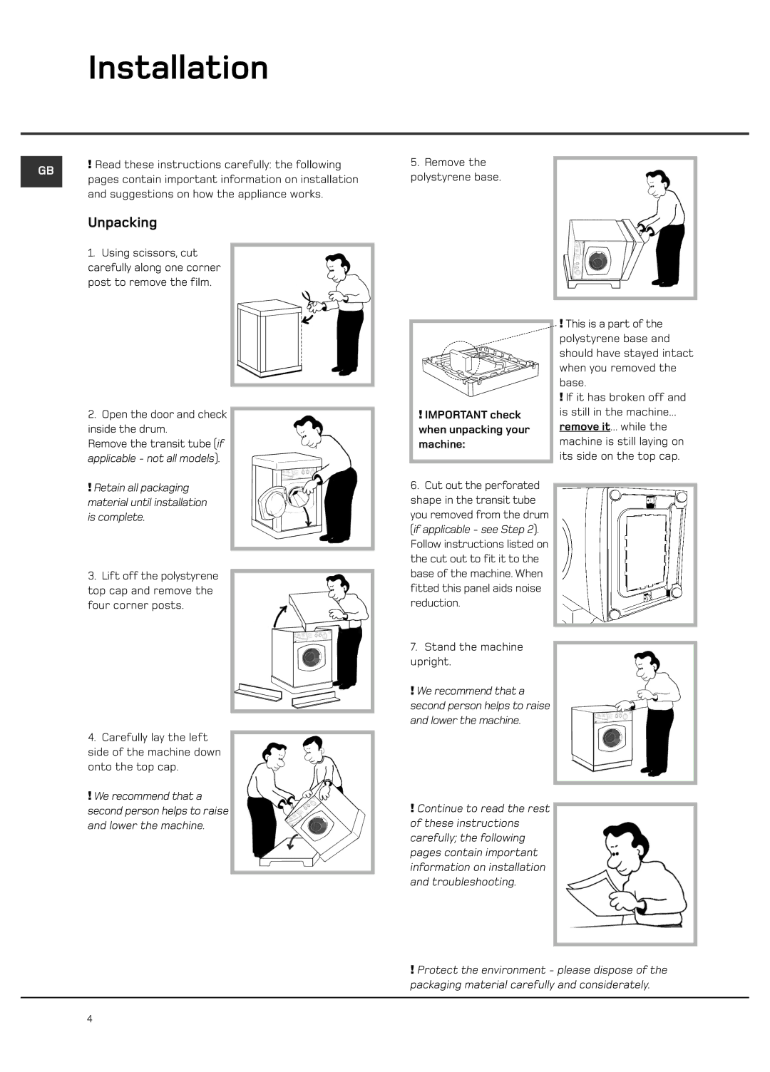 Hotpoint Ultima LCD manual Installation, Unpacking, Important check when unpacking your machine 