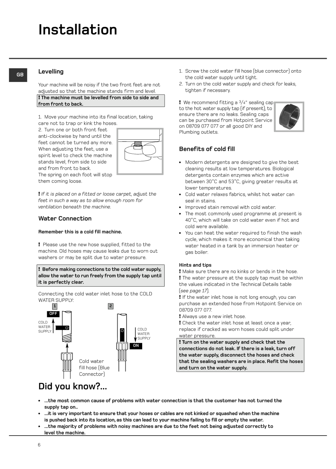 Hotpoint Ultima LCD manual Levelling, Water Connection, Benefits of cold fill 