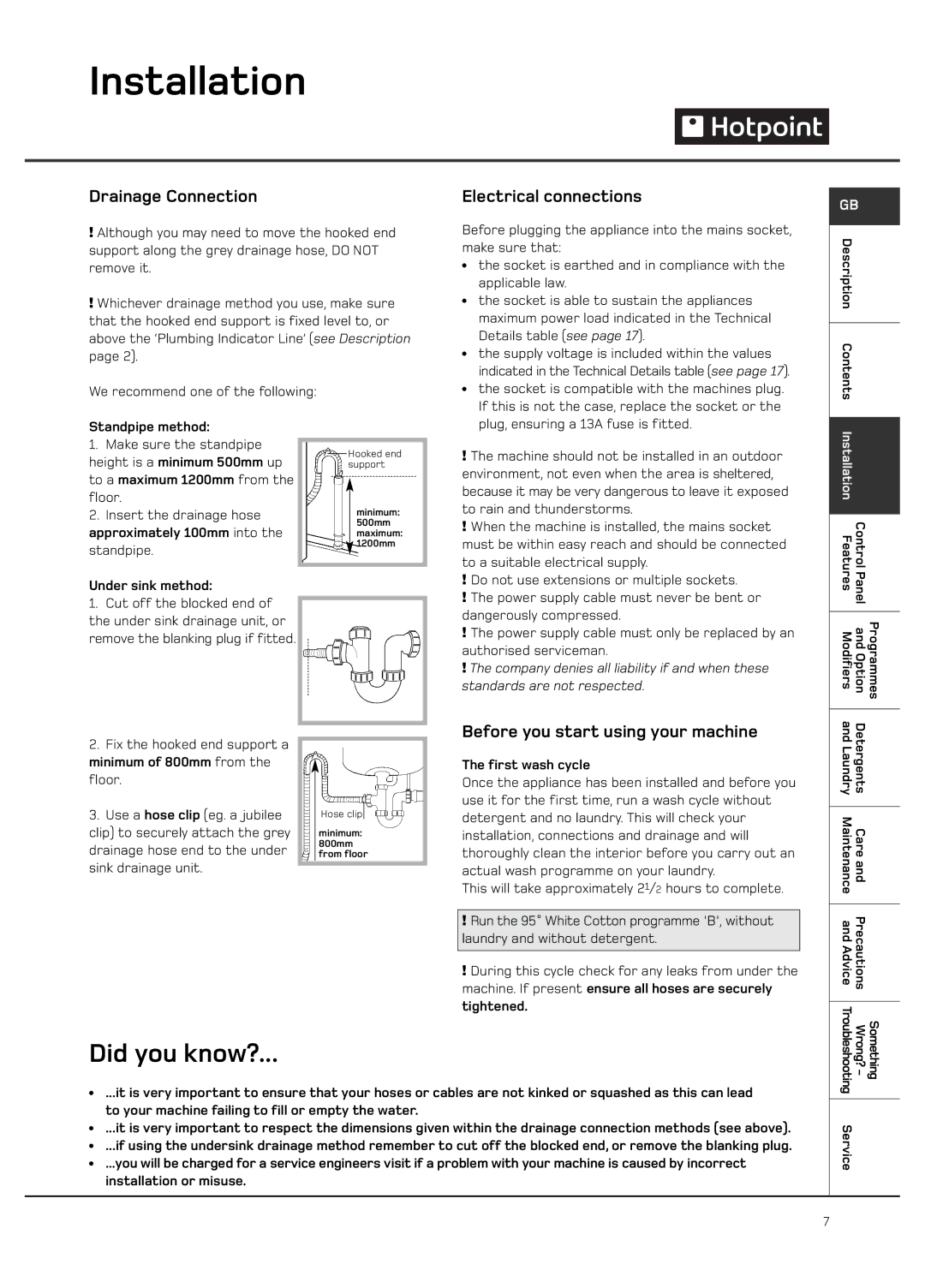 Hotpoint Ultima LCD manual Drainage Connection, Electrical connections, Before you start using your machine 