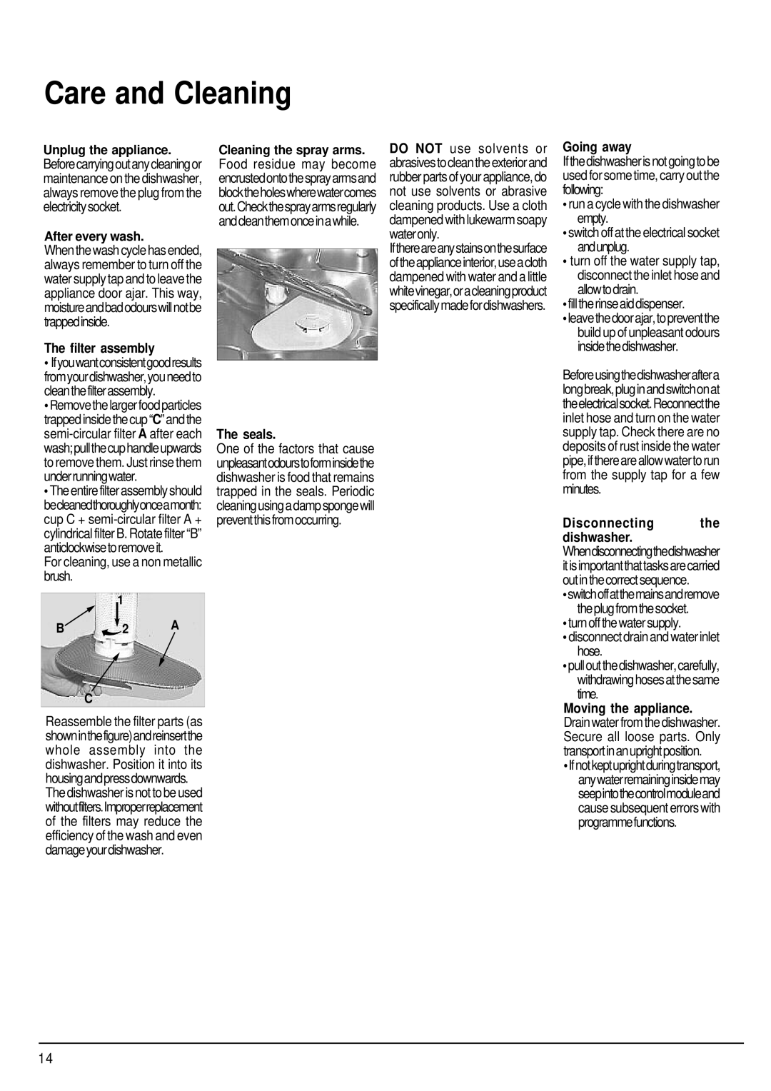 Hotpoint ULTIMA manual Care and Cleaning, Filter assembly, Seals, Going away 