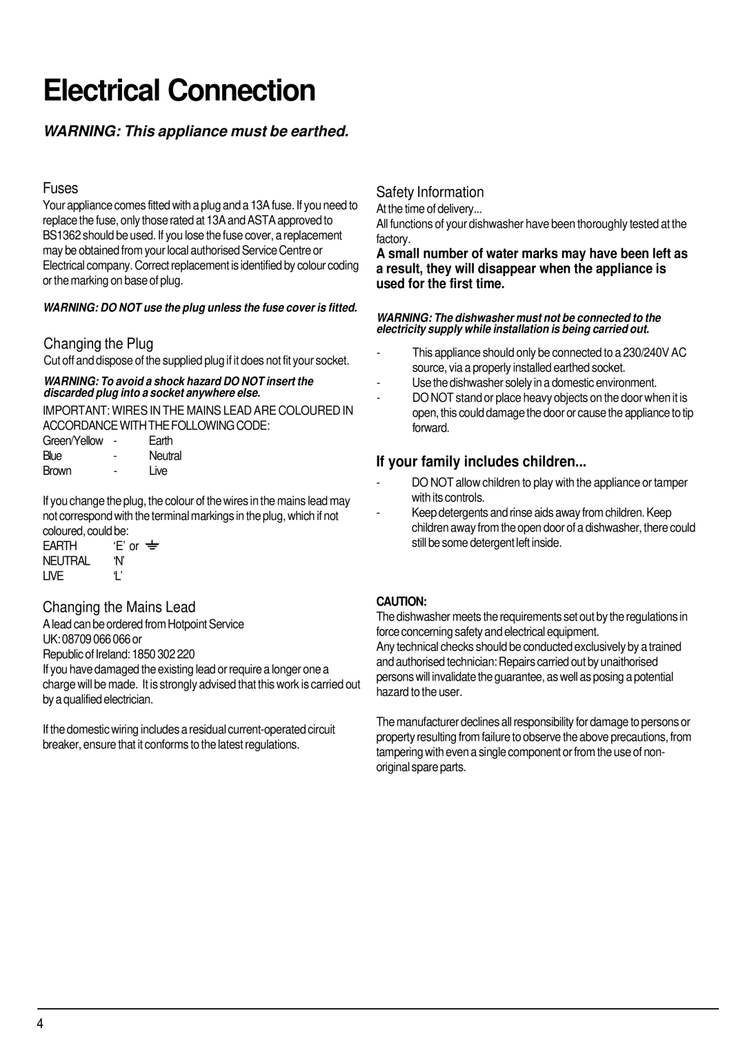 Hotpoint ULTIMA manual Electrical Connection, If your family includes children 