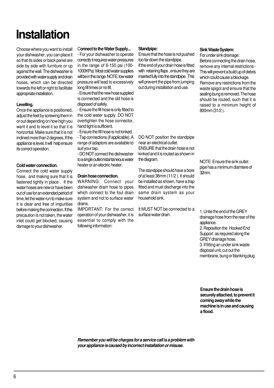 Hotpoint ULTIMA manual Levelling, Standpipe SinkWasteSystem, Drain hose connection 