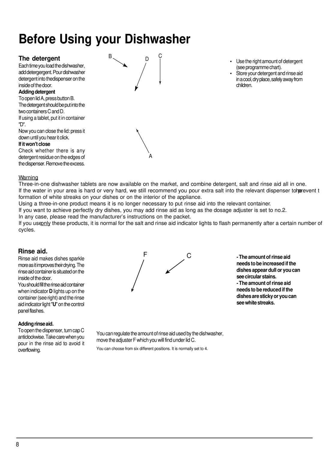 Hotpoint ULTIMA manual Before Using your Dishwasher, Detergent, Rinse aid 