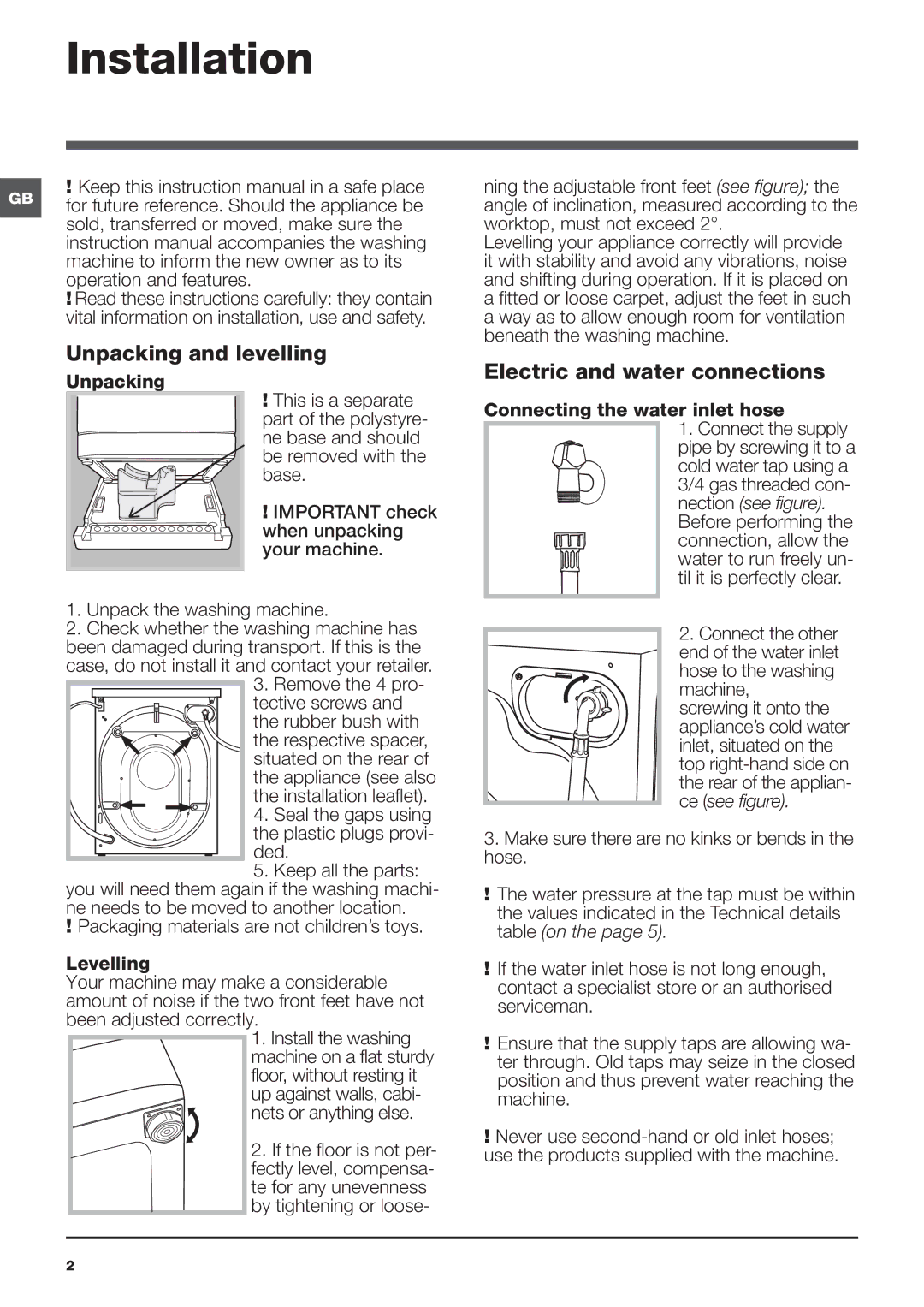 Hotpoint ULTIMA manual Installation, Unpacking and levelling, Electric and water connections 