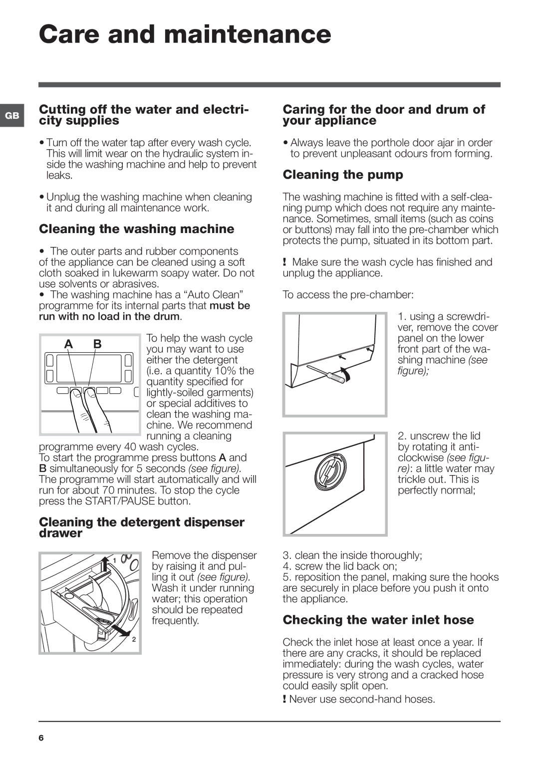 Hotpoint ULTIMA manual Care and maintenance 