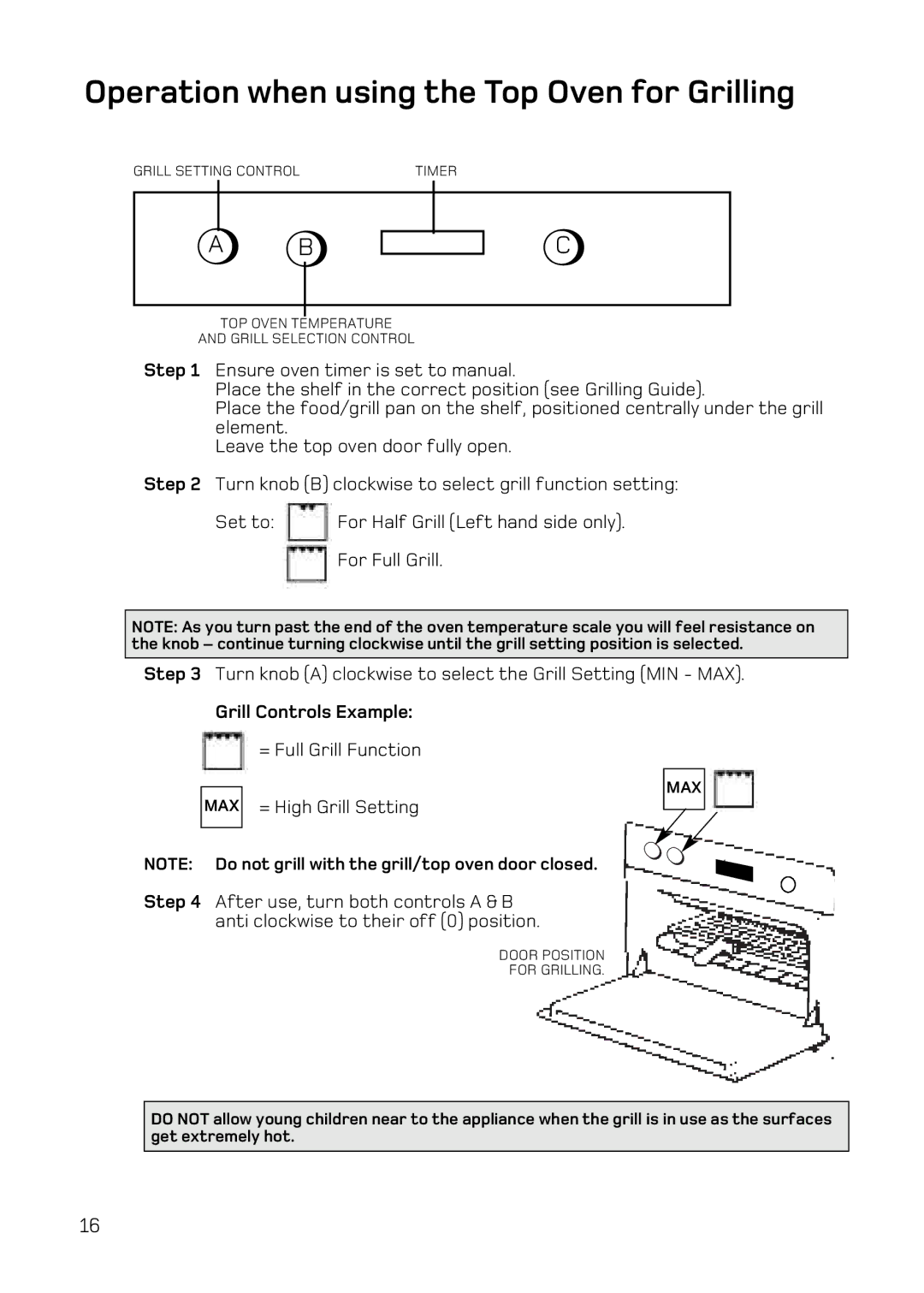 Hotpoint UQ47, UE47 manual Operation when using the Top Oven for Grilling, Grill Controls Example 