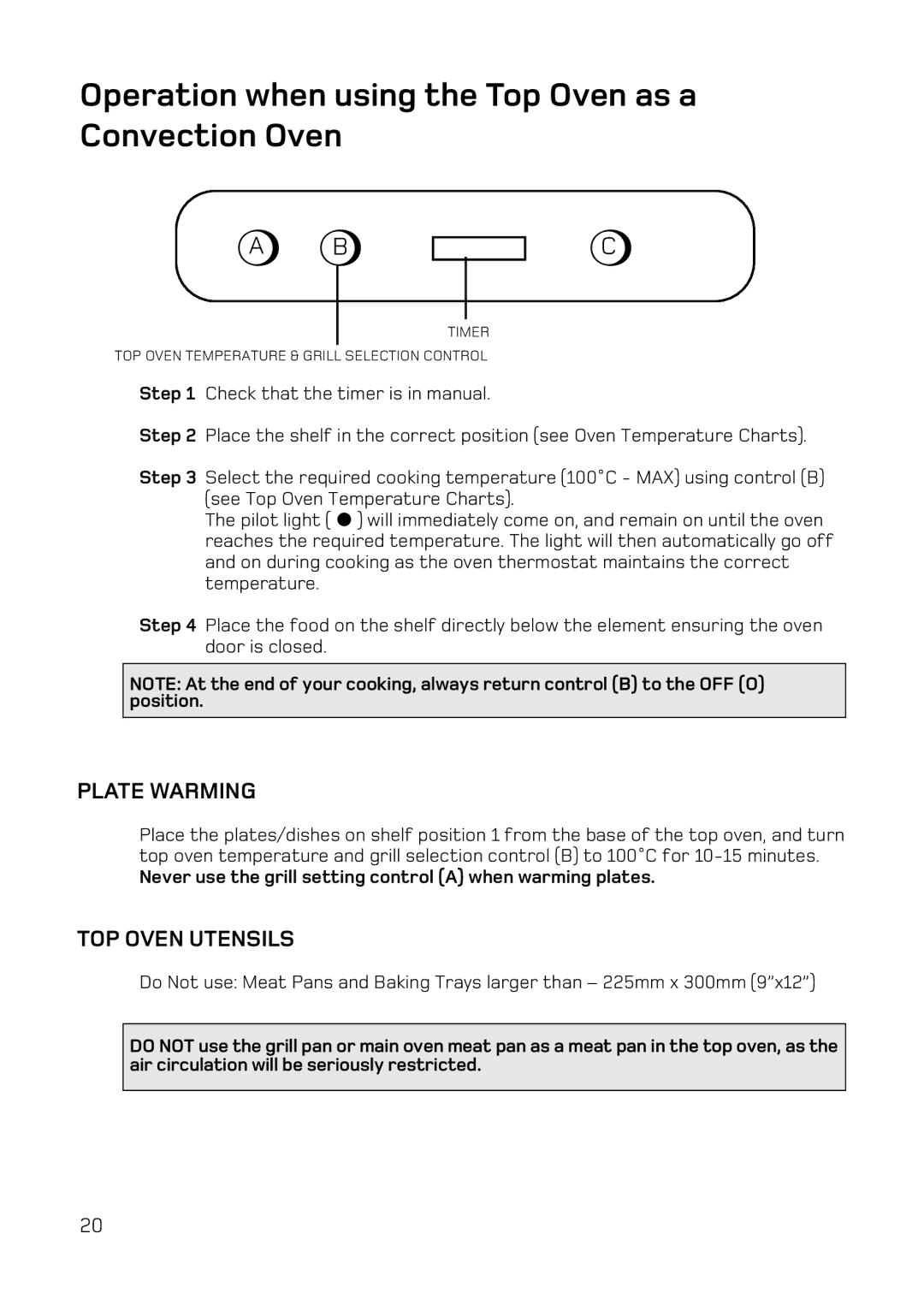 Hotpoint UQ47, UE47 manual Operation when using the Top Oven as a Convection Oven, Plate Warming, TOP Oven Utensils 