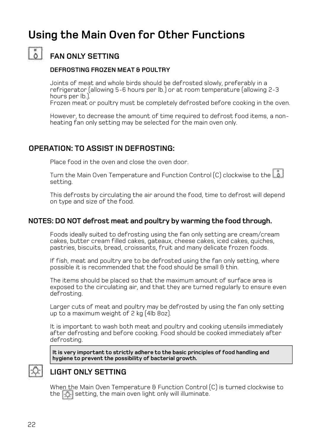 Hotpoint UQ47, UE47 manual Using the Main Oven for Other Functions, FAN only Setting, Operation to Assist in Defrosting 