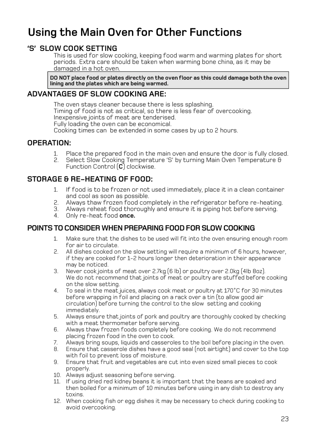 Hotpoint UE47, UQ47 manual ‘S’ Slow Cook Setting, Advantages of Slow Cooking are, Operation, Storage & RE-HEATING of Food 