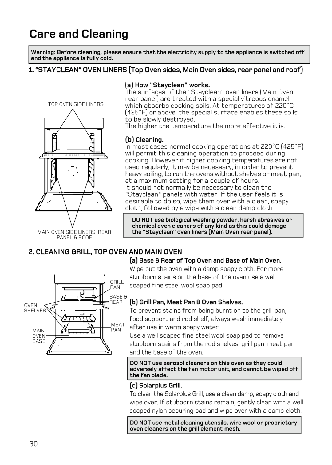 Hotpoint UQ47, UE47 Care and Cleaning, How Stayclean works, Rear b Grill Pan, Meat Pan & Oven Shelves, Solarplus Grill 