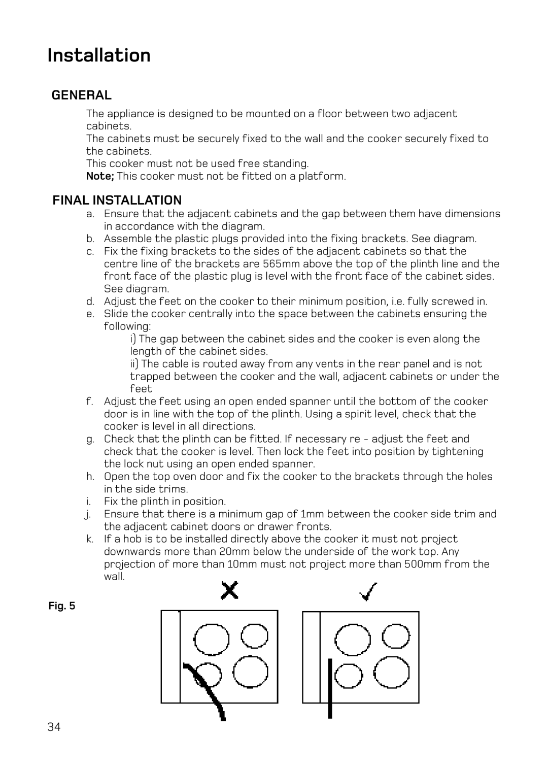 Hotpoint UQ47, UE47 manual General, Final Installation 