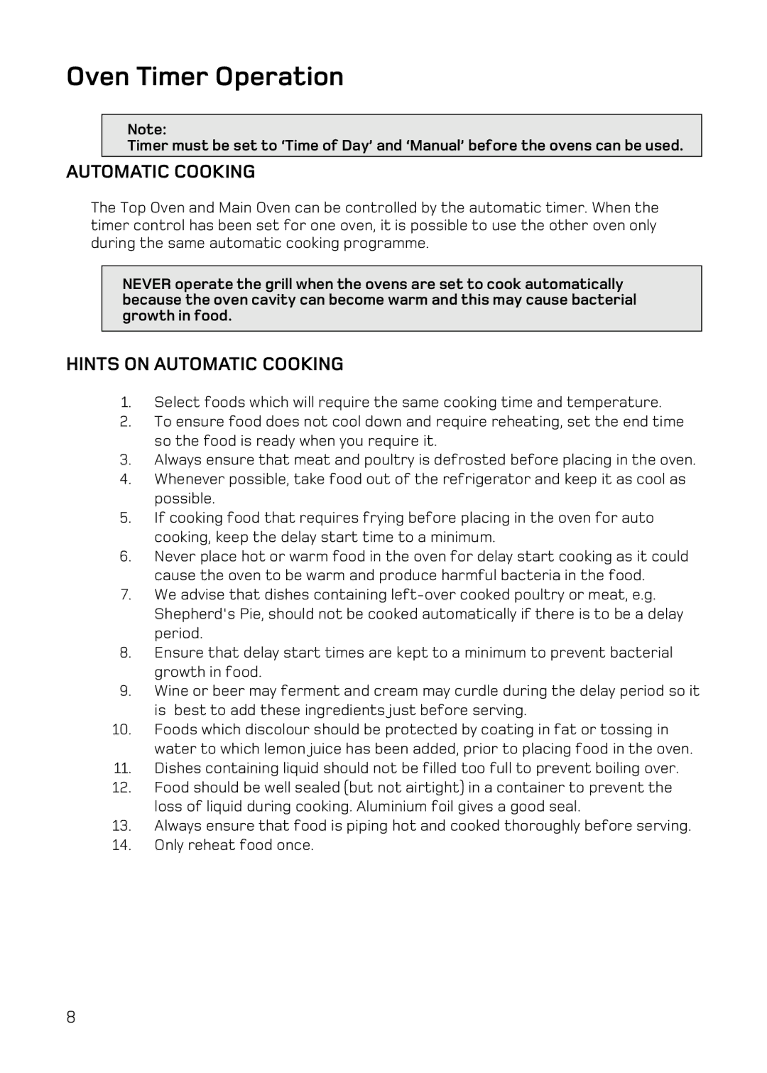 Hotpoint UQ47, UE47 manual Oven Timer Operation, Hints on Automatic Cooking 