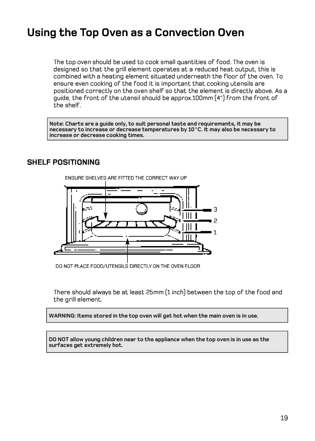 Hotpoint UE47, UQ47 manual Using the Top Oven as a Convection Oven, Shelf Positioning 