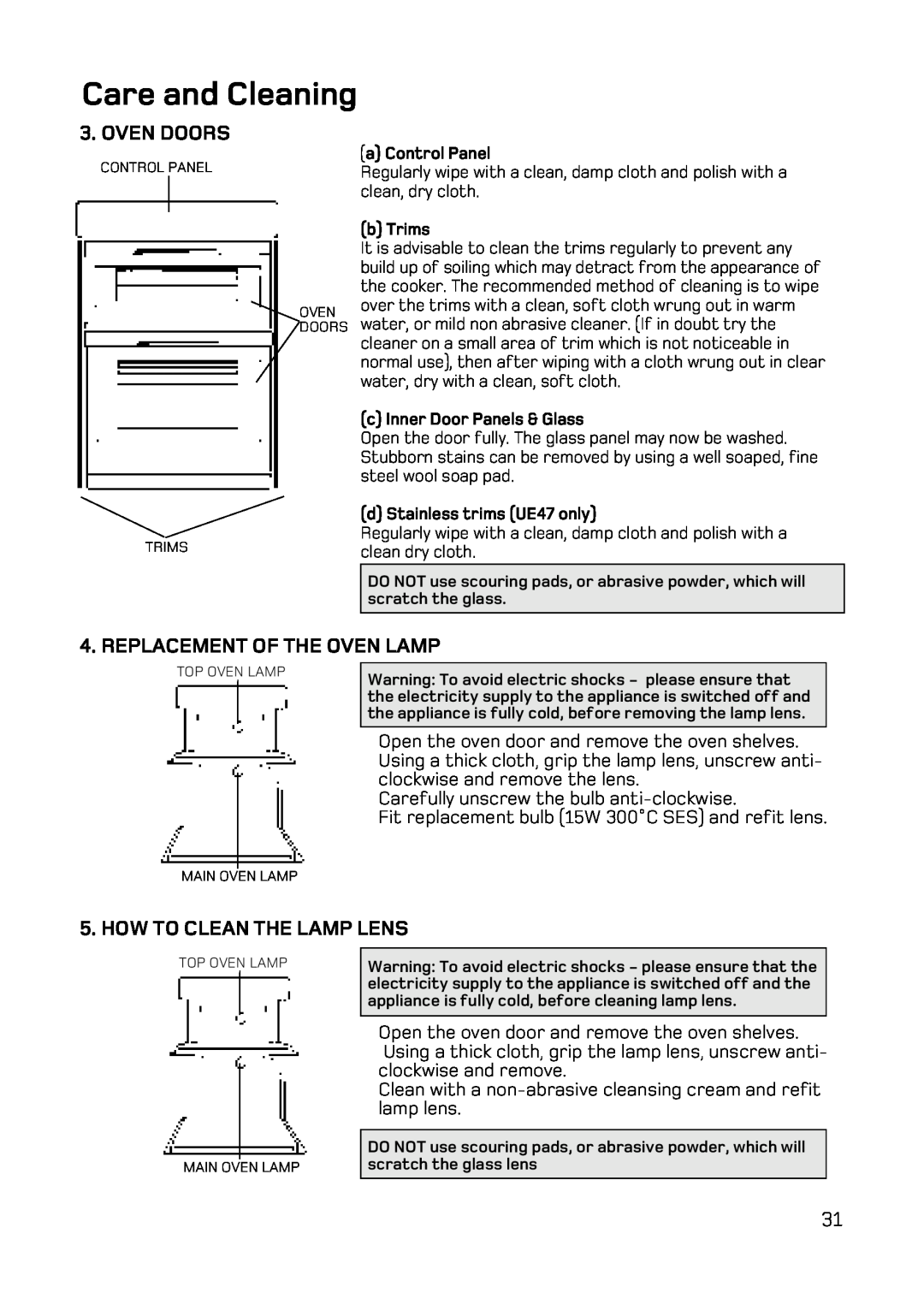Hotpoint UE47 Care and Cleaning, Oven Doors, Replacement Of The Oven Lamp, How To Clean The Lamp Lens, a Control Panel 