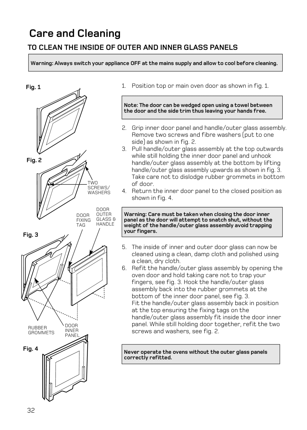 Hotpoint UQ47, UE47 manual To Clean The Inside Of Outer And Inner Glass Panels, Care and Cleaning 