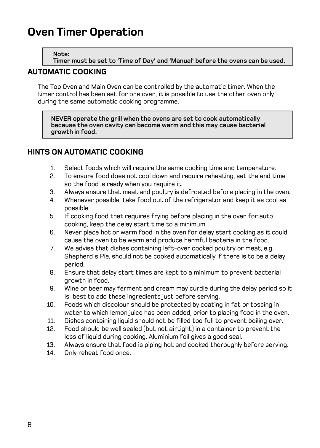 Hotpoint UQ47, UE47 manual Oven Timer Operation, Hints On Automatic Cooking 