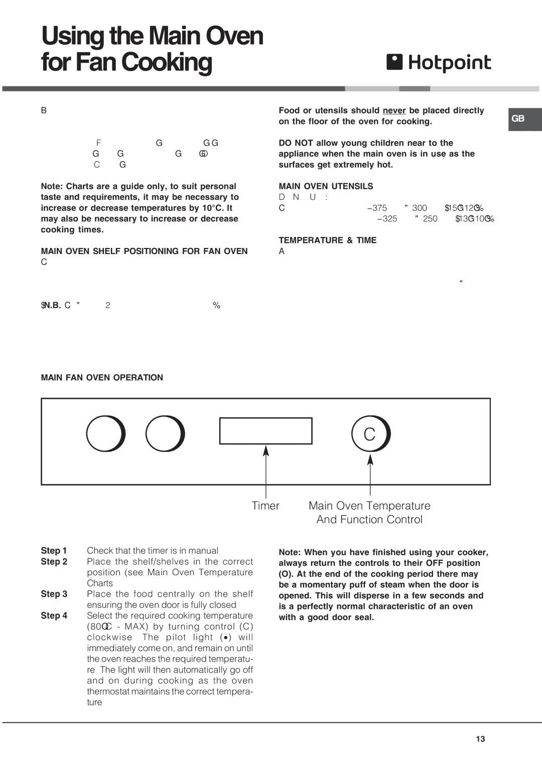 Hotpoint UQ47I2 Using the Main Oven for Fan Cooking, Timer Main Oven Temperature Function Control, Main Oven Utensils 