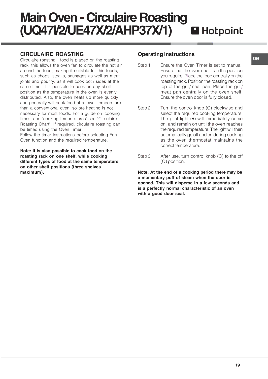 Hotpoint AHP37X2, UQ47I2, UE47X2, BU82SS2, BU72P2, BU72K2, BU72B2 manual Circulaire Roasting, Operating Instructions 