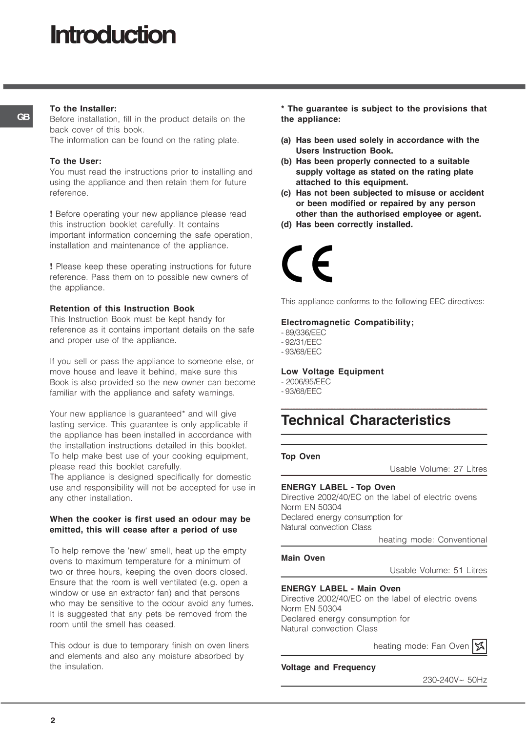 Hotpoint UQ47I2, UE47X2, BU82SS2, BU72P2, AHP37X2, BU72K2, BU72B2 manual Introduction, Technical Characteristics 