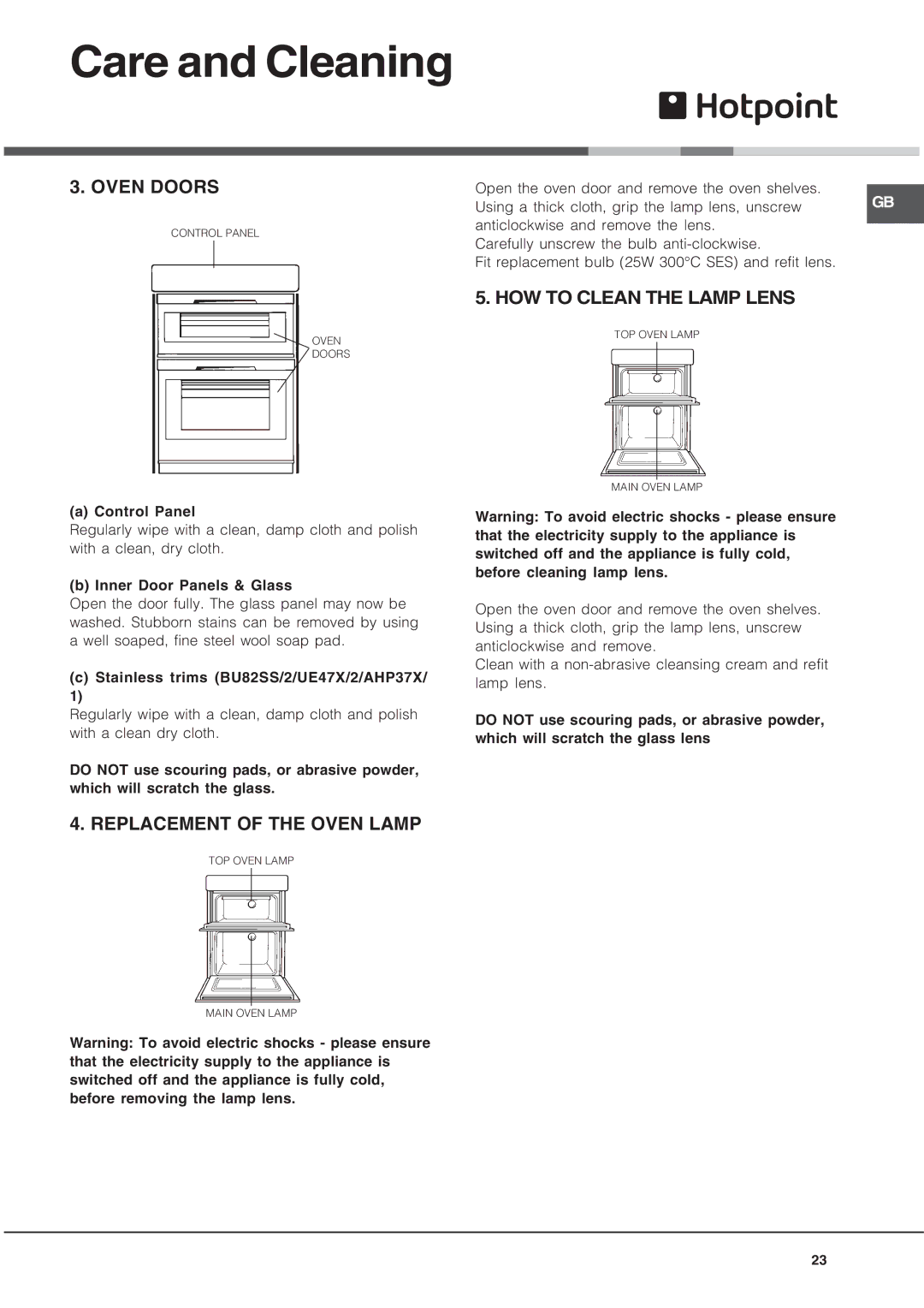 Hotpoint UQ47I2, UE47X2, BU82SS2, BU72P2, AHP37X2 Oven Doors, Replacement of the Oven Lamp, HOW to Clean the Lamp Lens 