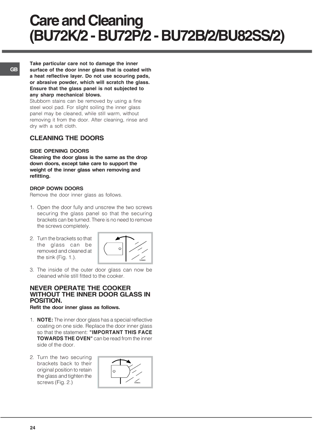 Hotpoint BU72B2, UQ47I2, UE47X2 BU72K/2 BU72P/2 BU72B/2/BU82SS/2, Cleaning the Doors, Side Opening Doors, Drop Down Doors 