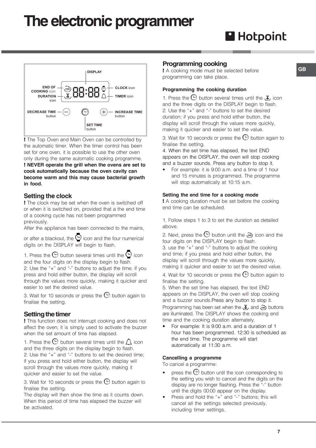 Hotpoint AHP37X, UQ47I2, UE47X2, BU82SS2 Electronic programmer, Setting the clock, Setting the timer, Programming cooking 