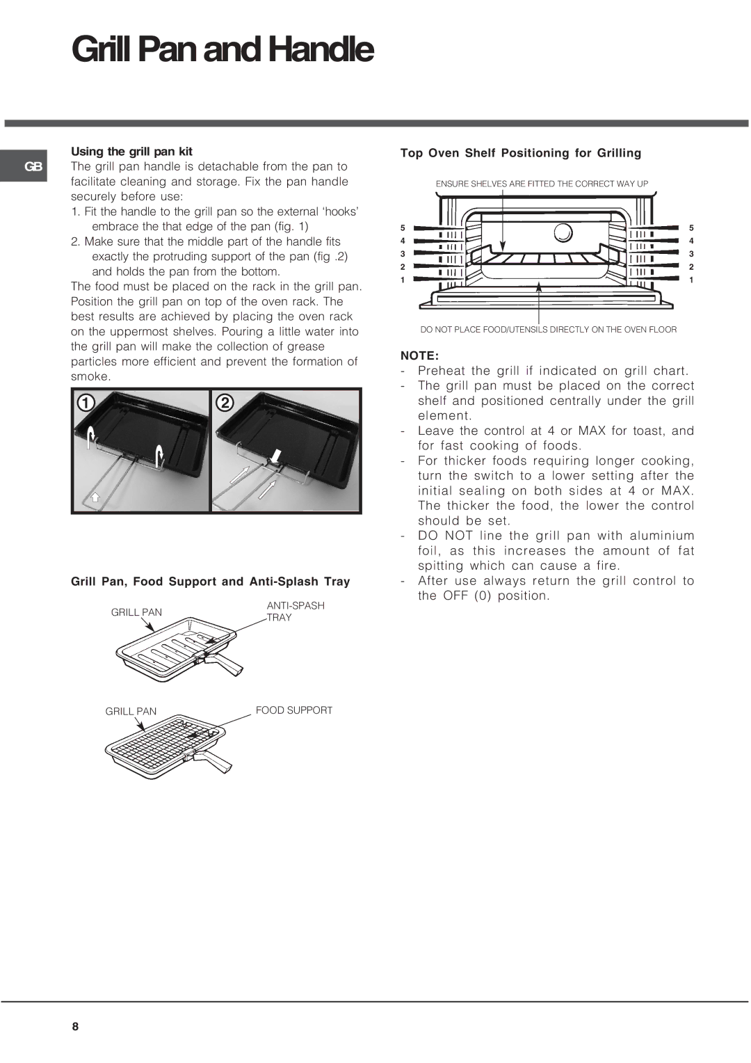 Hotpoint BU72B, UQ47I2, UE47X2, BU82SS2, BU72P2, AHP37X2, BU72K2 Grill Pan and Handle, Top Oven Shelf Positioning for Grilling 