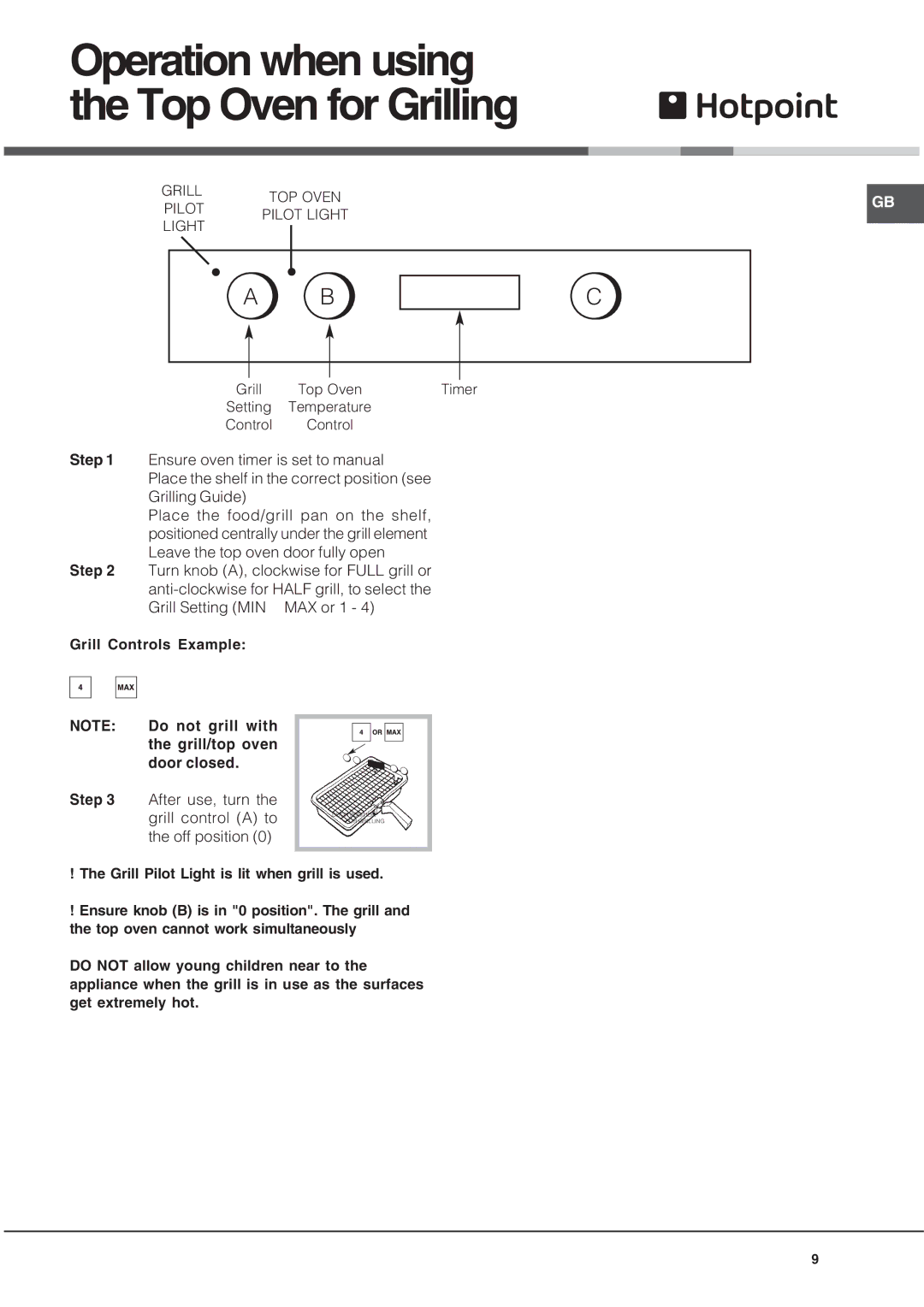 Hotpoint BU72K2, UQ47I2, UE47X2, BU82SS2, BU72P2, AHP37X2, BU72B2 manual Operation when using the Top Oven for Grilling 