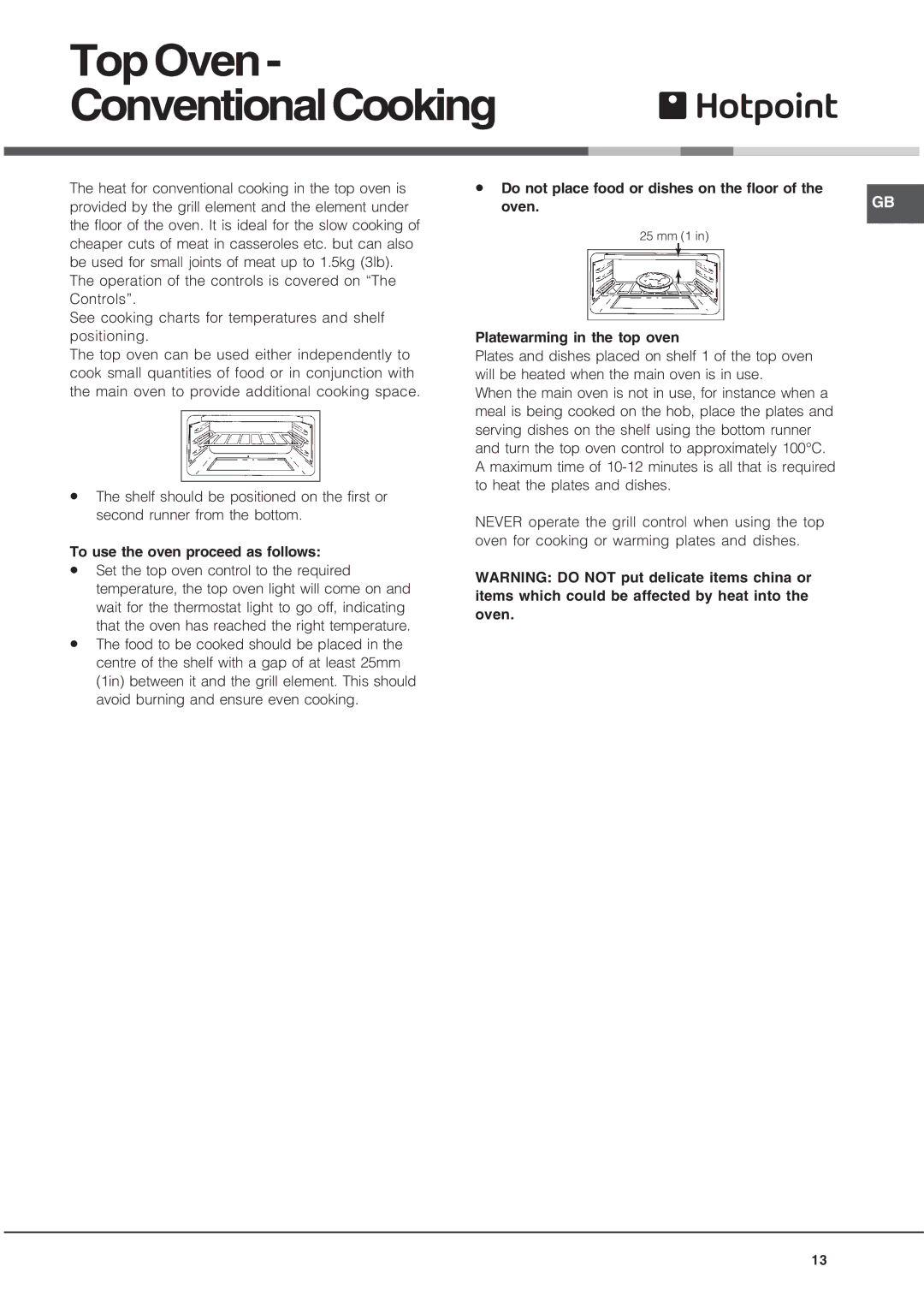 Hotpoint UQ891 manual TopOven- ConventionalCooking 