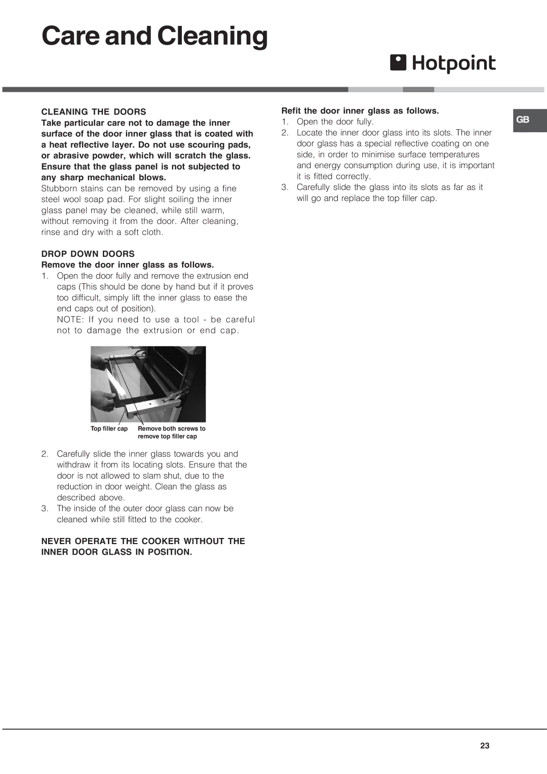 Hotpoint UQ891 manual Cleaning the Doors, Drop Down Doors 