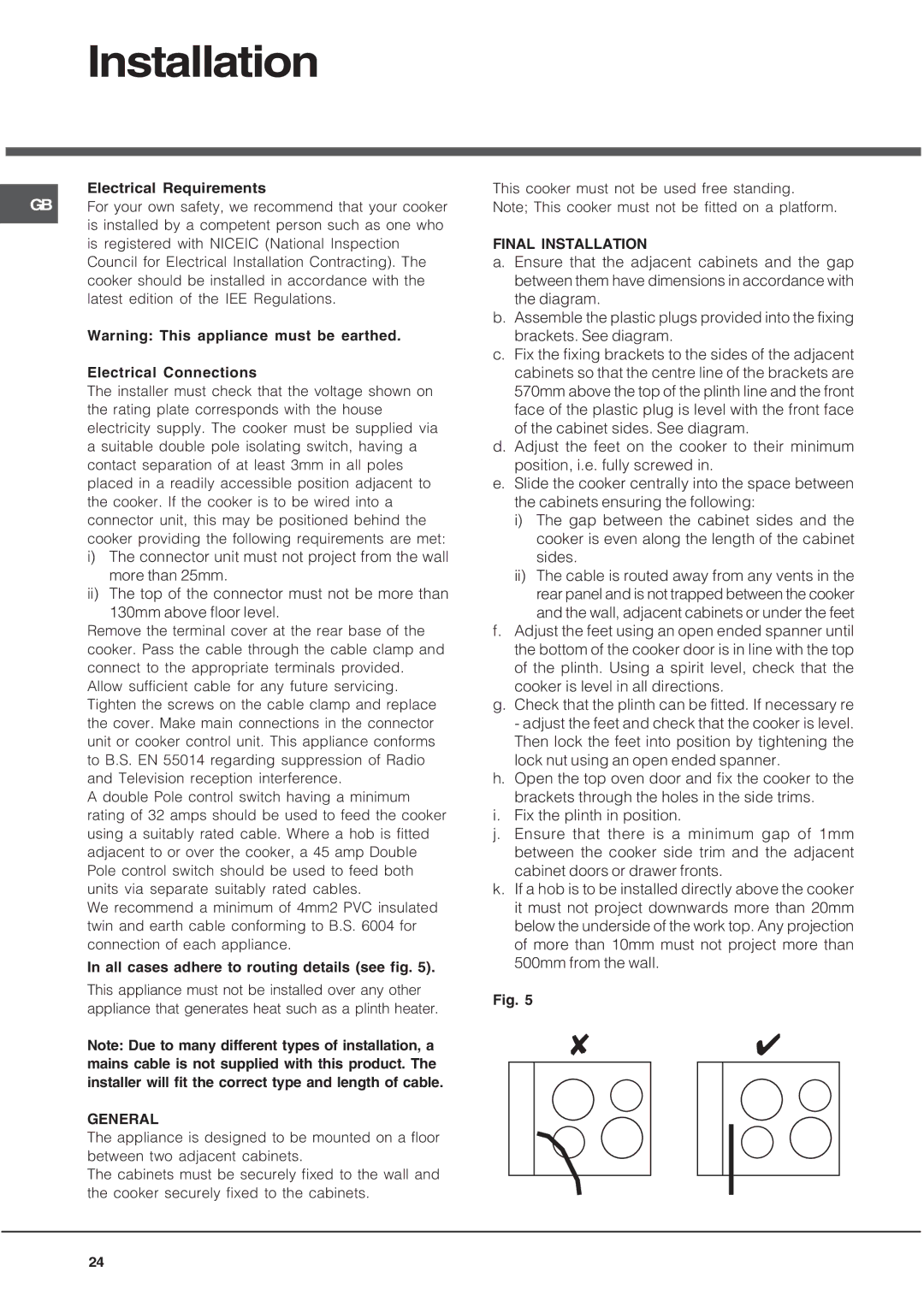 Hotpoint UQ891 manual Final Installation, General 