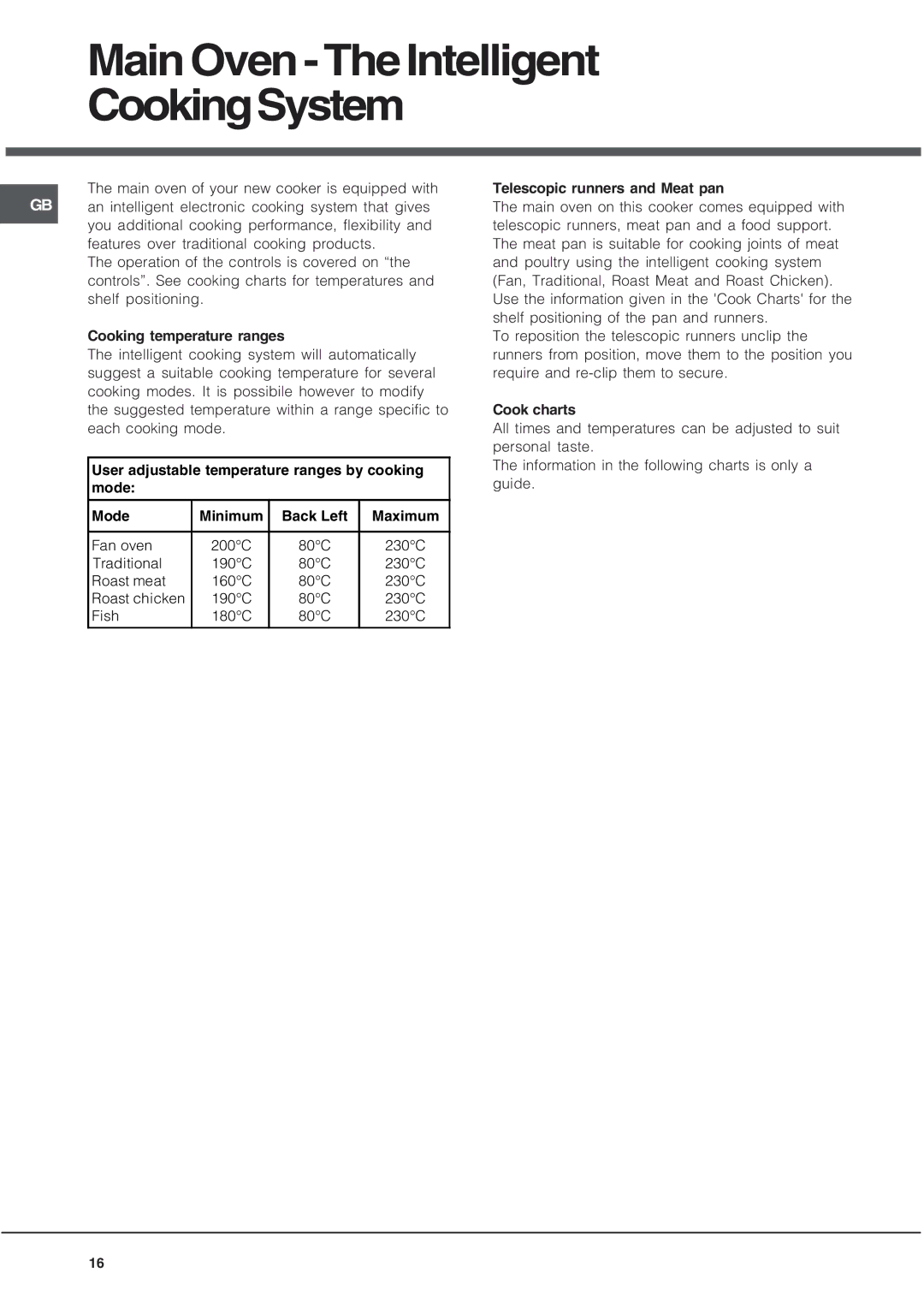 Hotpoint UQ89I manual MainOven-TheIntelligent CookingSystem, Cooking temperature ranges, Telescopic runners and Meat pan 