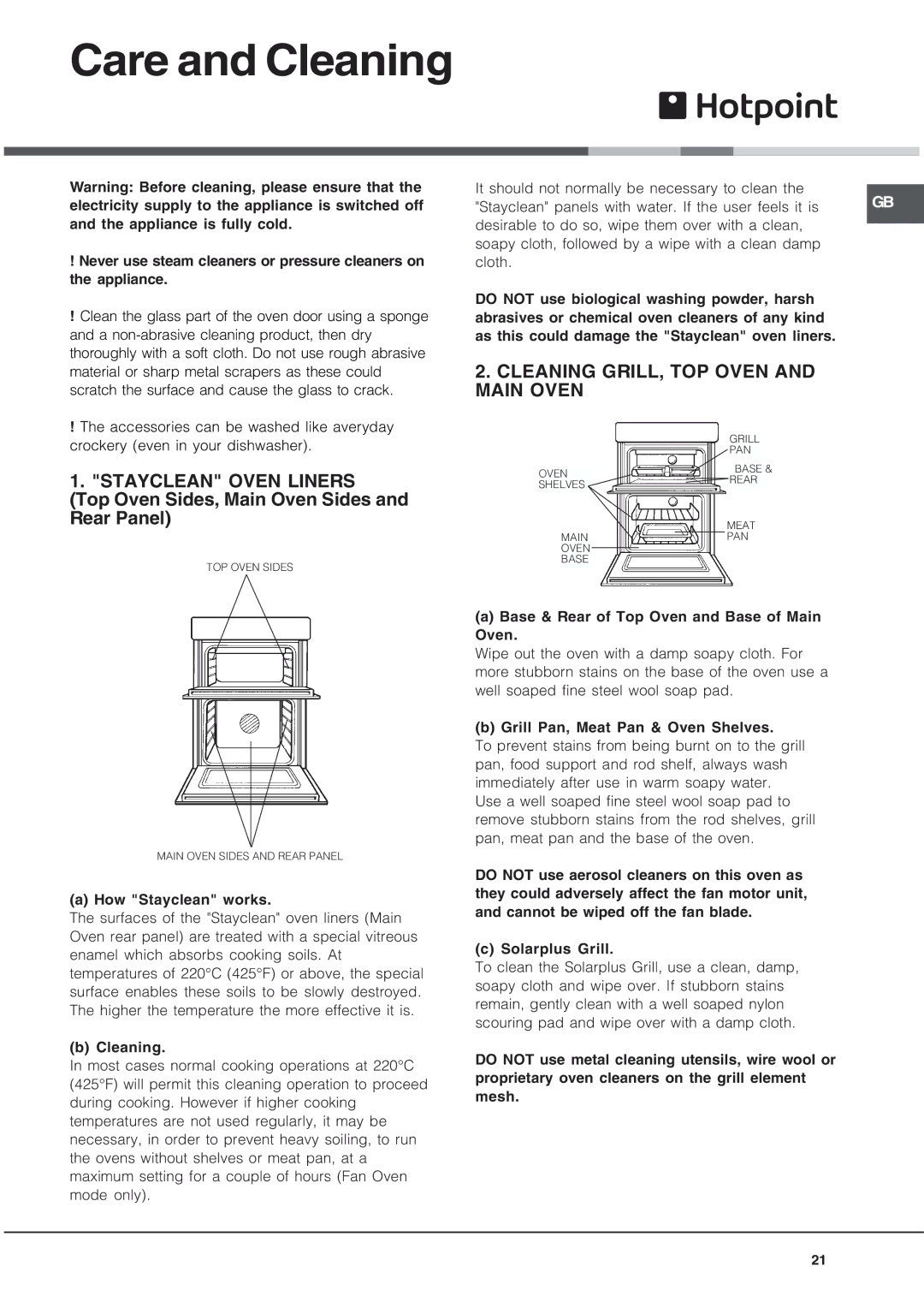 Hotpoint UQ89I manual Care and Cleaning, Top Oven Sides, Main Oven Sides Rear Panel 