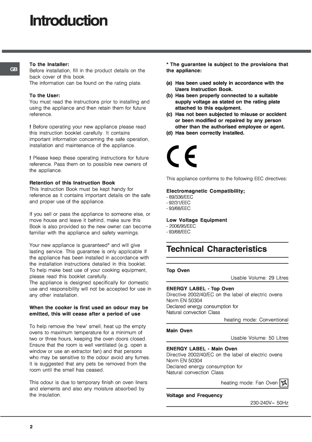 Hotpoint UQ89I Introduction, Technical Characteristics, To the Installer, To the User, Retention of this Instruction Book 