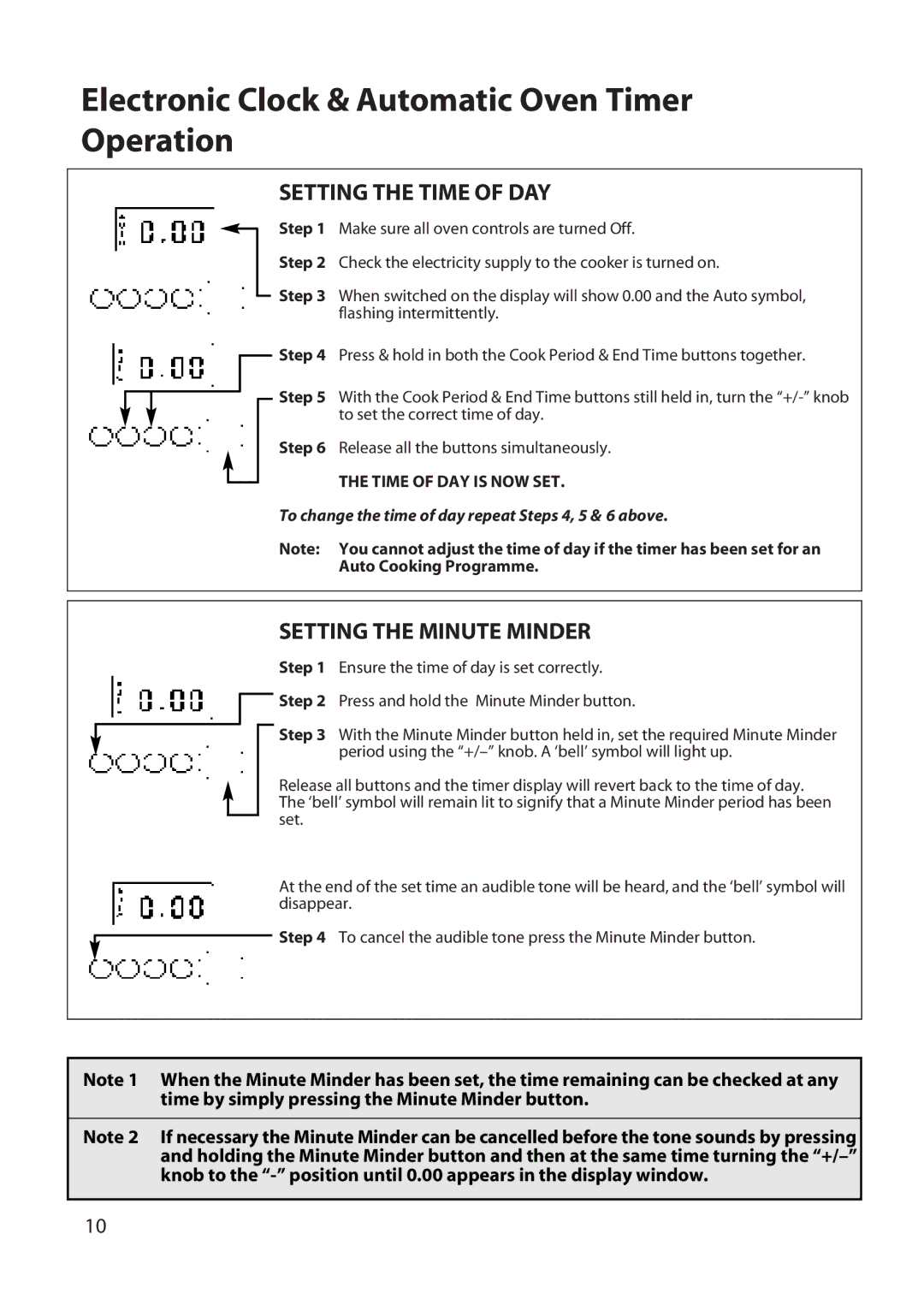 Hotpoint UT47, UD47 Electronic Clock & Automatic Oven Timer Operation, Setting the Time of DAY, Setting the Minute Minder 