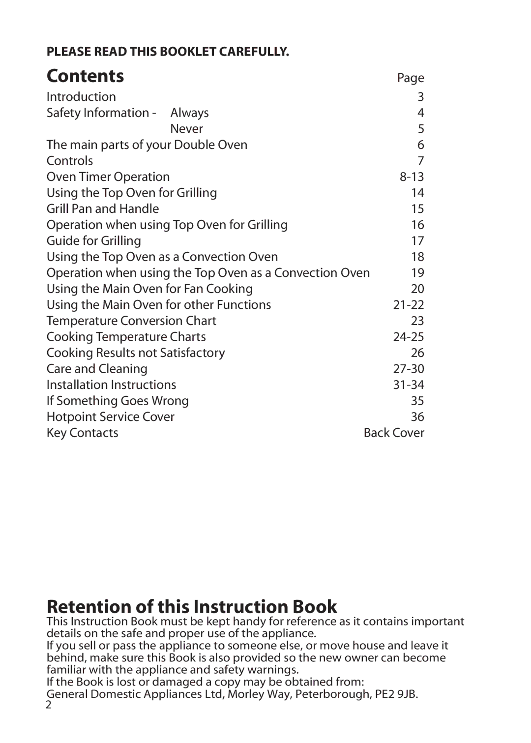 Hotpoint UT47, UD47 manual Contents, Retention of this Instruction Book 