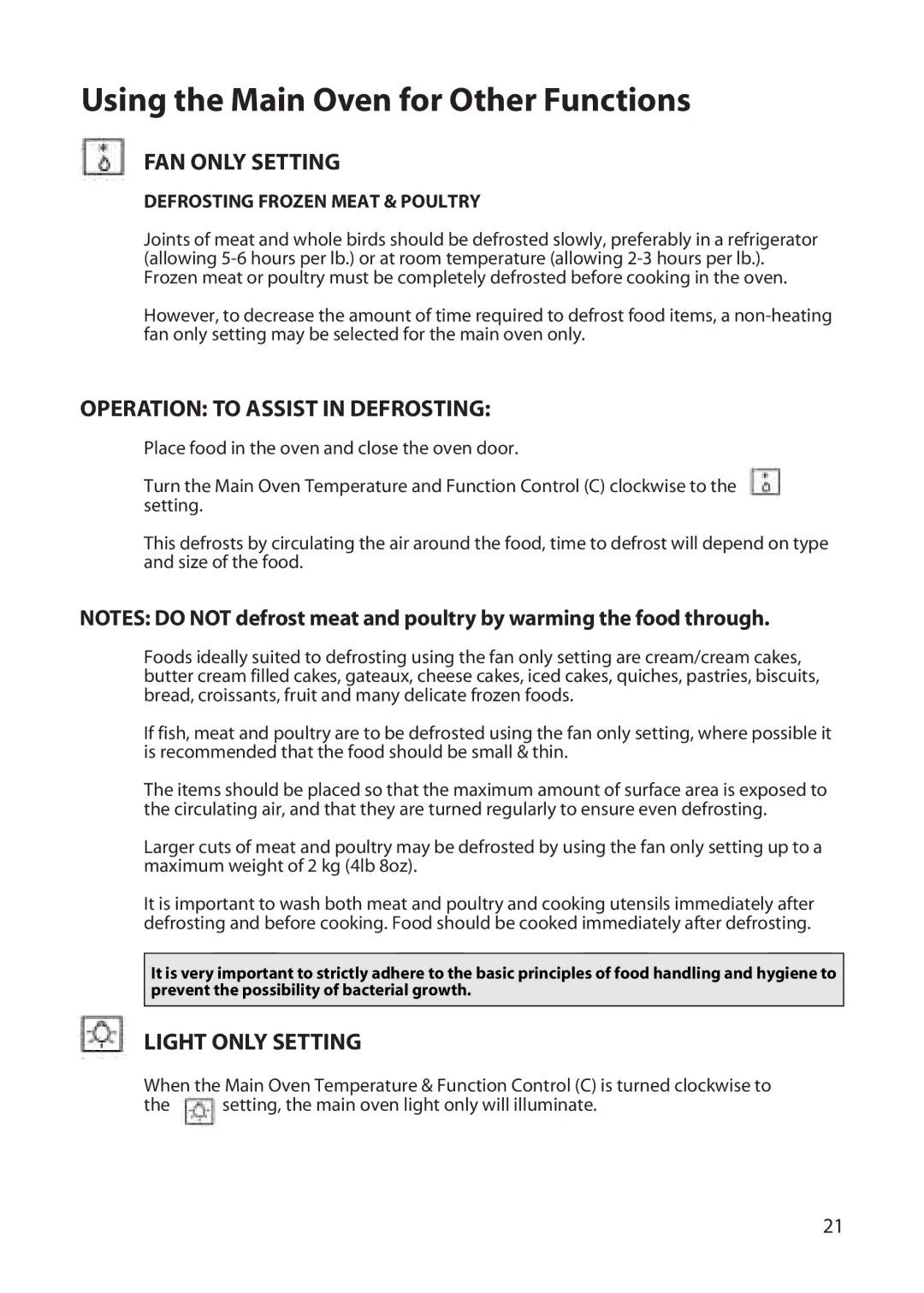 Hotpoint UD47, UT47 manual Using the Main Oven for Other Functions, FAN only Setting, Operation to Assist in Defrosting 