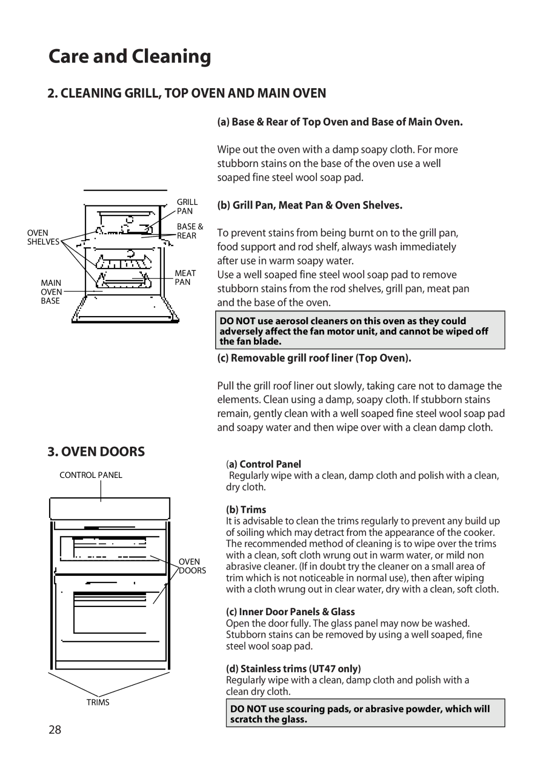 Hotpoint UT47, UD47 manual Cleaning GRILL, TOP Oven and Main Oven, Oven Doors, Base & Rear of Top Oven and Base of Main Oven 