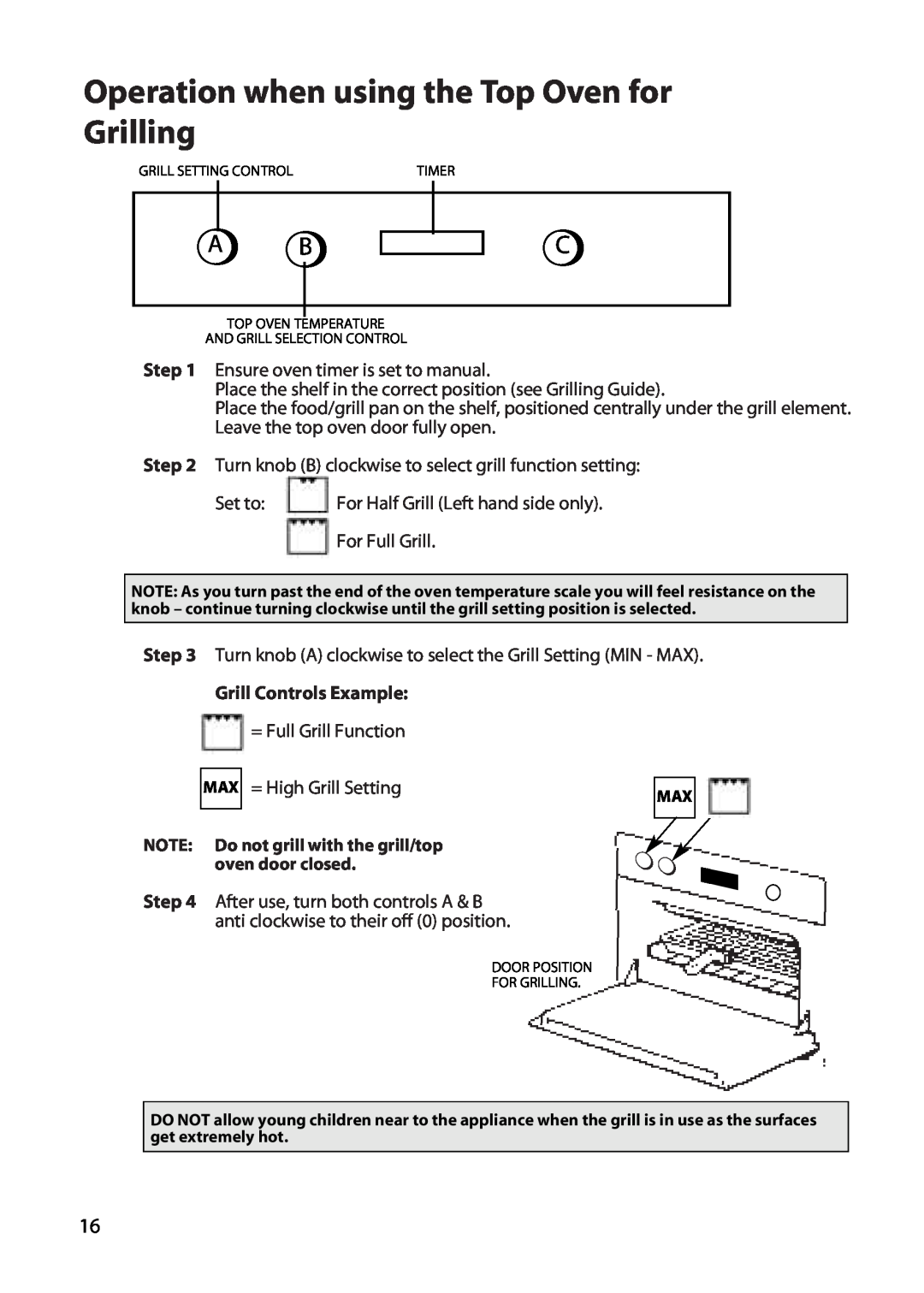 Hotpoint UT47, UD47 manual Operation when using the Top Oven for Grilling, Grill Controls Example, MAX = High Grill Setting 