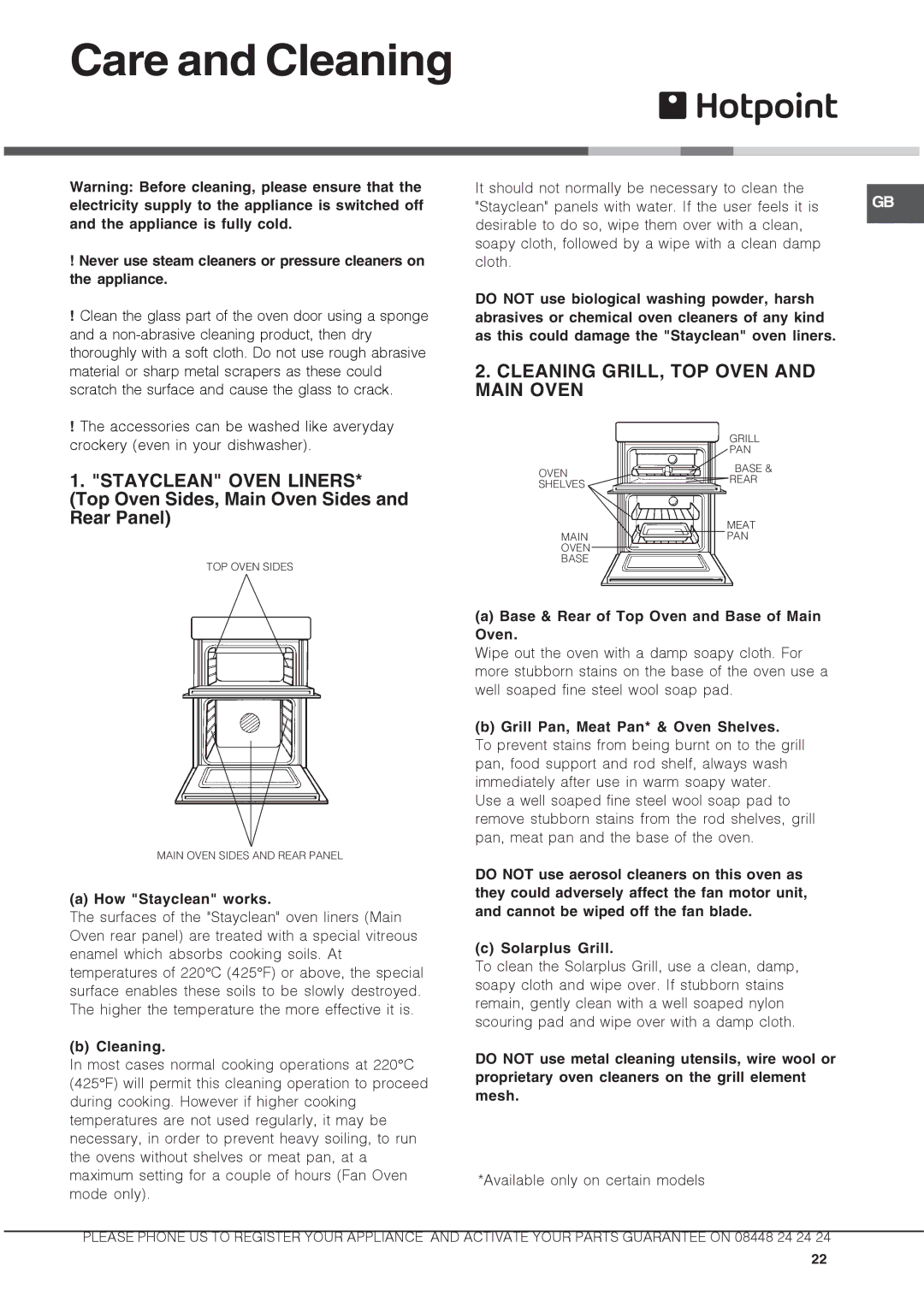 Hotpoint ux892cx manual Care and Cleaning, How Stayclean works, Base & Rear of Top Oven and Base of Main Oven 