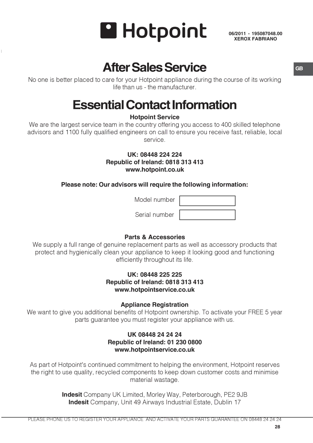 Hotpoint ux892cx manual Hotpoint Service, Parts & Accessories, UK 08448 24 24 Republic of Ireland 01 230 