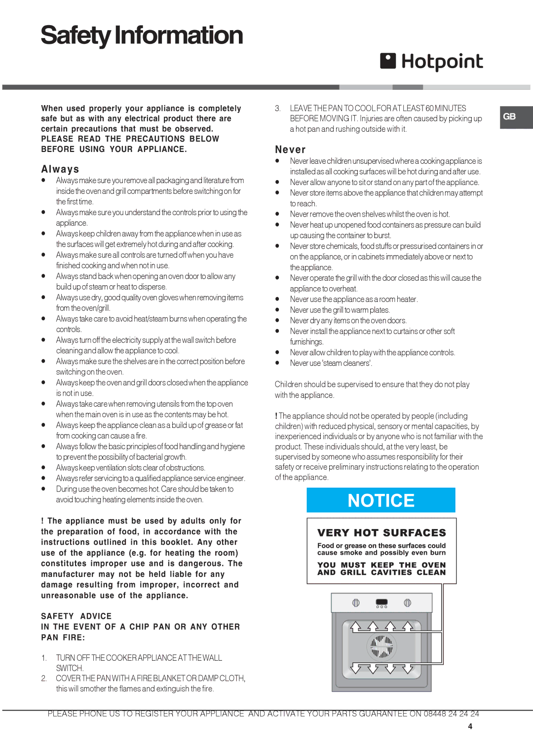 Hotpoint ux892cx manual Always, Never, Turn OFF the Cooker Appliance AT the Wall Switch 