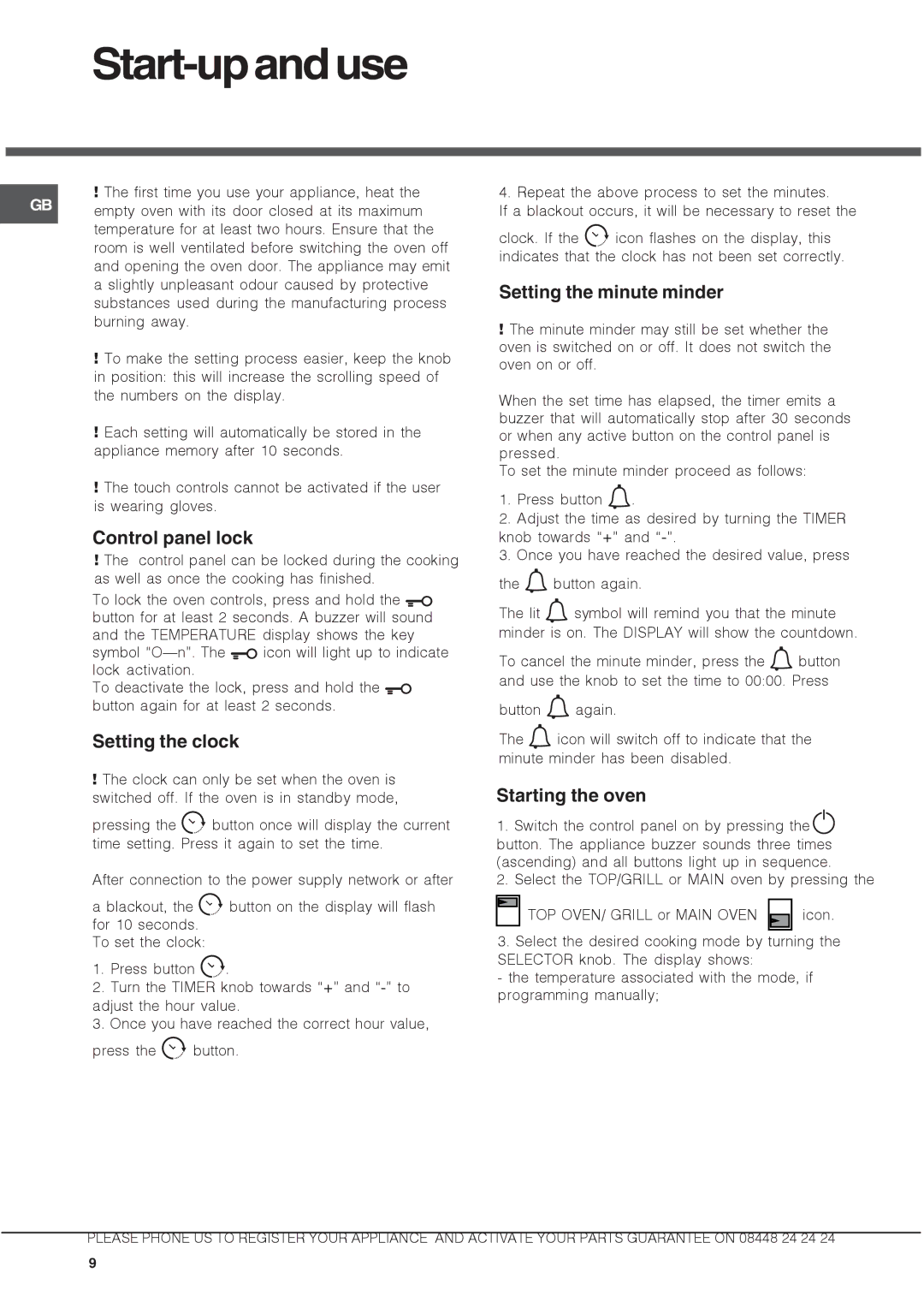 Hotpoint ux892cx manual Start-upanduse, Control panel lock, Setting the clock, Setting the minute minder, Starting the oven 