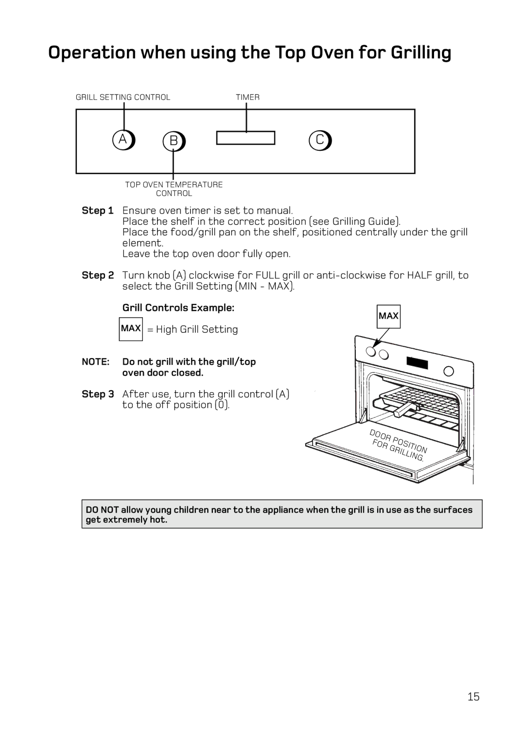 Hotpoint UY46 Mk2 manual Operation when using the Top Oven for Grilling, Grill Controls Example 